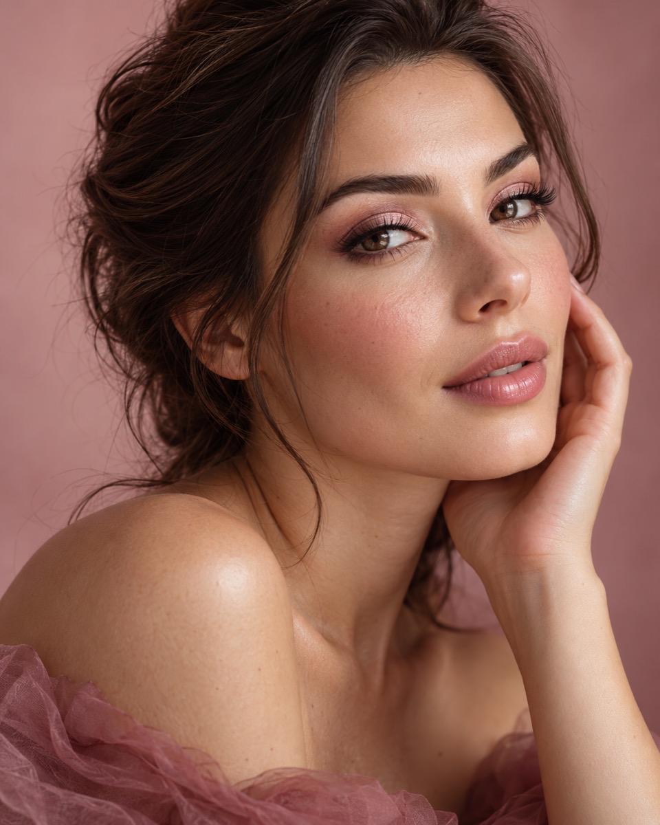 Portret beauty cu gene definite și machiaj în nuanțe de roz.